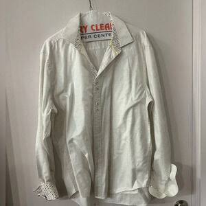 BUGATCHI Men's Shaped Fit Long Sleeve Dress Shirt Size L White & Rainbow Dots